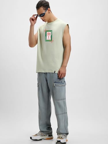 Image of Bewakoof Men's Graphic Print Boxy Fit Sleeveless Round Neck Pure Cotton Vest