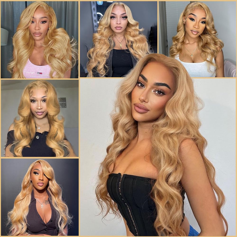 28 Inch Honey Blonde Wig Human Hair 13x4 Body Wave Lace Front Wigs Human Hair 200 Density HD Lace Frontal Wigs 10A Brazilian Virgin Human Hair Pre Plucked 27# Honey Blonde Wig
