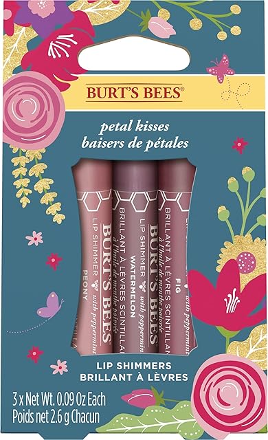 Burt's Bees Lip Colour Gift Set, 3 Lip Shimmers in Peony, Rhubarb and Fig Shades, Petal Kisses, 3x2.6g