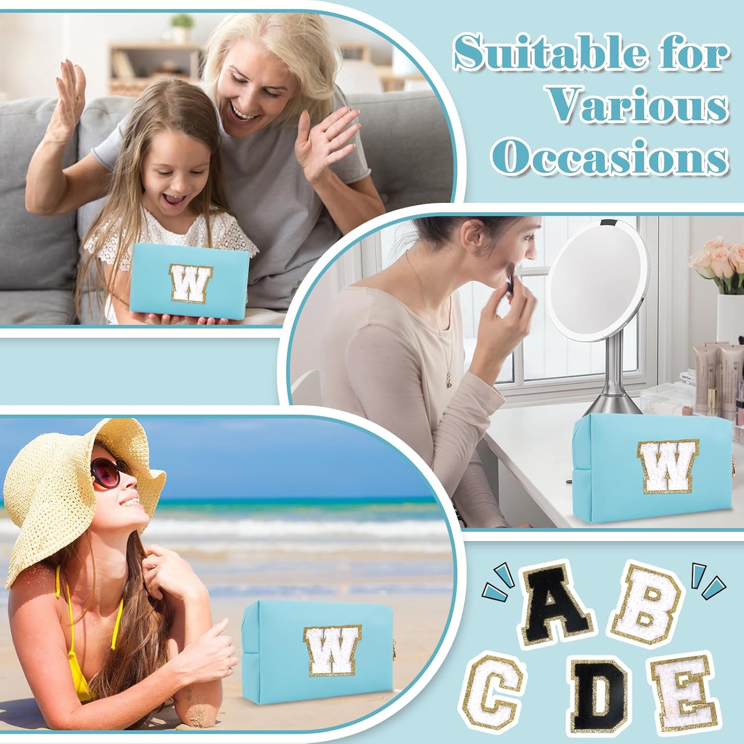 Small Personalized Initial A-Z Preppy Patch Makeup Bag,PU Chenille Letter Travel Cosmetic Pouch with Zipper,Blue Cute Toiletry Bag,Gift Ideal for Teen Girls Women Teacher Bridesmaid,Letter W - Image 6