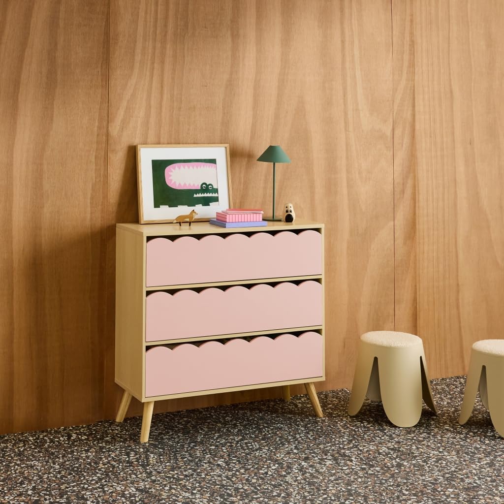 sweeek - Commode Enfant décor Bois Rose 3 tiroirs. Pieds Bois de pin - 80 x 30 x 79 cm - Azur