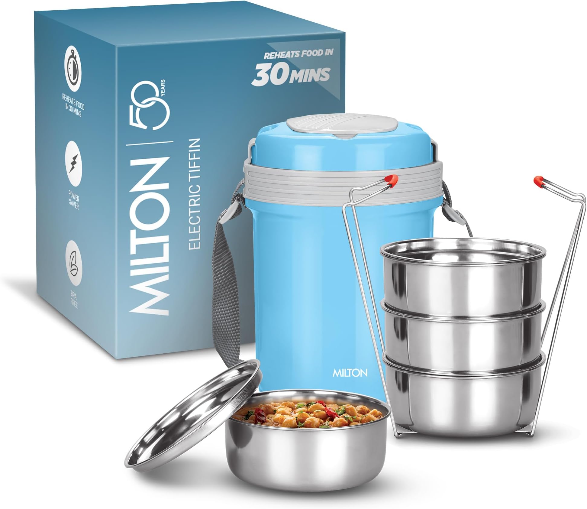 Electron 4 Electric Stainless steel lunch pack with 4 container 360 ml each, Blue.