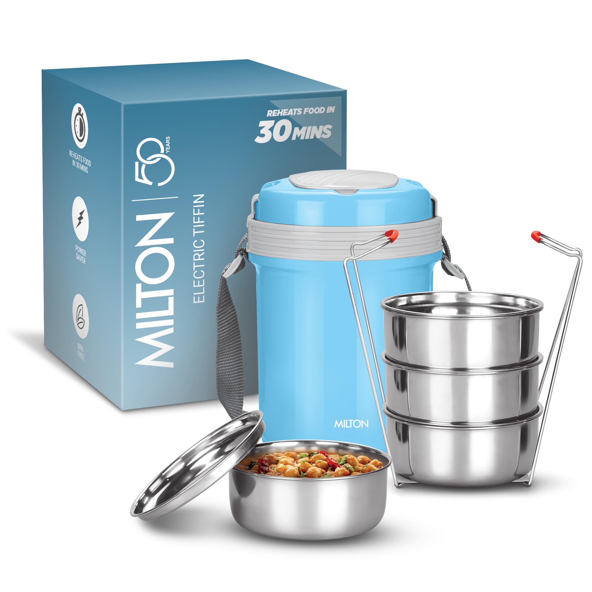 Milton Electron 4 Electric Stainless steel lunch pack with 4 container 360 ml each, Blue.