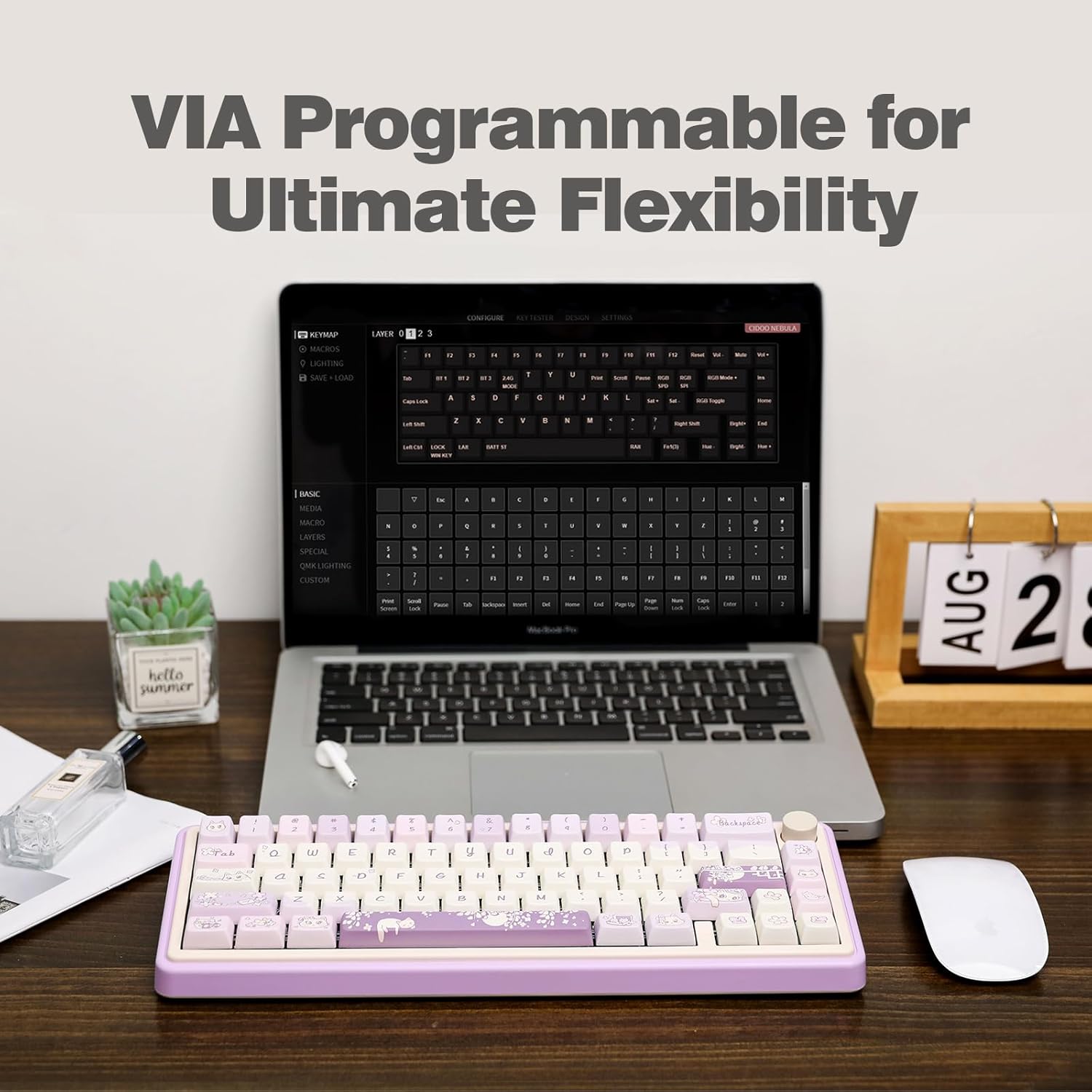 A CIDOO Nebula keyboard connected to a laptop displaying the VIA software interface for key remapping and customization.