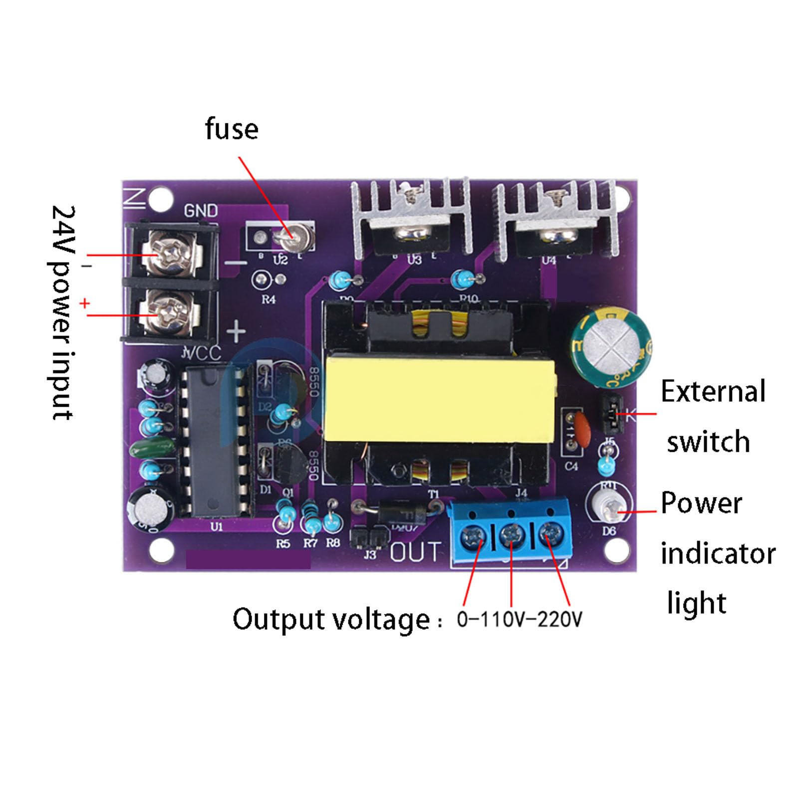 Modulo Convertitore cc ca, 100W 24V ca A 0-110 V-220V cc Modulo Inverter di Uscita Alimentatore Boost di Tensione, per Barra Led, Motore, Elettrico
