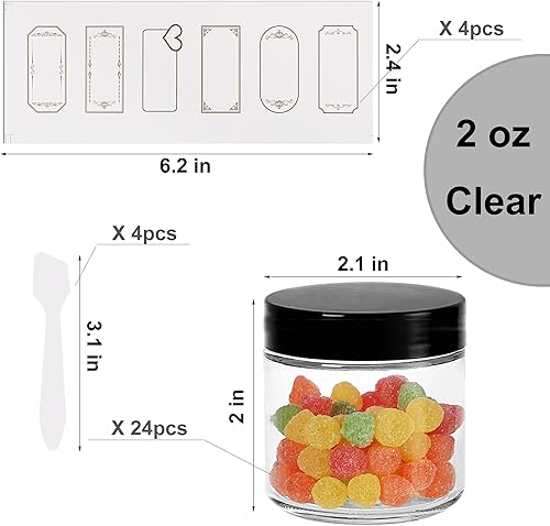 Miniatura 2 de Paquete de 24 tarros de vidrio transparente de 2 onzas con tapas negras, recipientes redondos vacíos para exfoliantes, lociones, cosméticos y