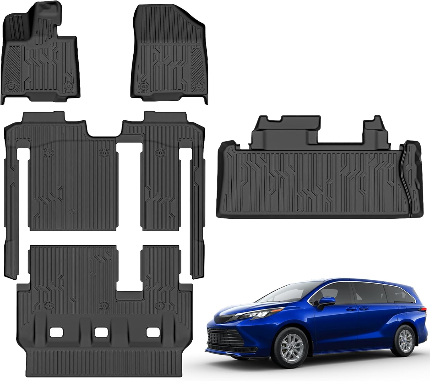 Floor Mats for Toyota Sienna 8 Seats 2021-2025 LE/XLE Upgrade Trunk Mat All Weather TPE Floor Liners Fit for Sienna 1st & 2nd & 3rd Row and Cargo Liner Anti-Slip Full Set Car Mats(W/O Spare Tire)