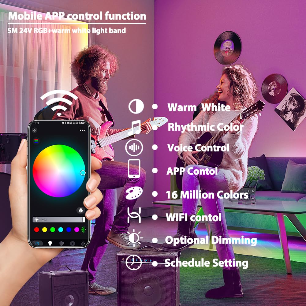 Arotelicht 24V RGBW WIFI Tiras LED Strip Kit 5050 SMD RGB+Warm White 4 en 1 con controlador inteligente WLAN, compatible con Alexa, Google Home LED Strip Light Decoración para el hogar, fiesta, bar.