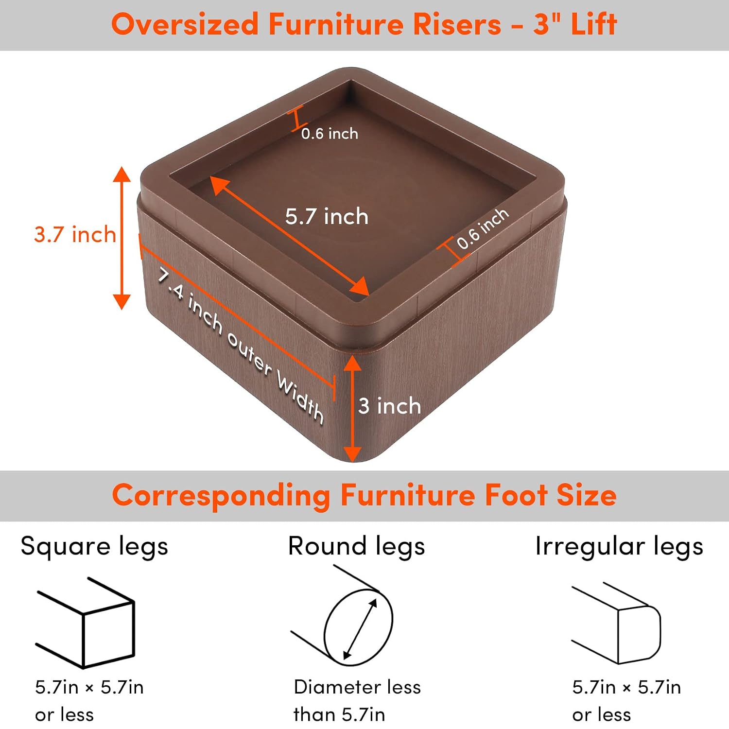 DEDU Oversized Bed Risers Heavy Duty Stackable 4 Pack, Furniture Risers for Sofas 3 Inch or 6 Inch Supports Up to 11000 Lbs, Square Bed Raising Blocks Fits 5.5 Inch Wide Desk or... - Image 2