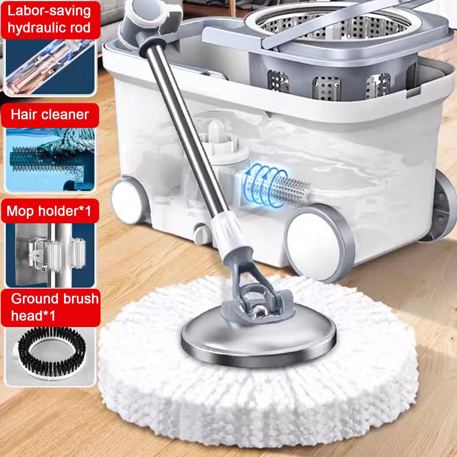 Cubo para fregona giratoria con juego de escurridor, fregona para suelo con 4 ruedas de fácil movimiento, mango ajustable de acero inoxidable, 5 recambios de cabezal de repuesto de microfibra, 1