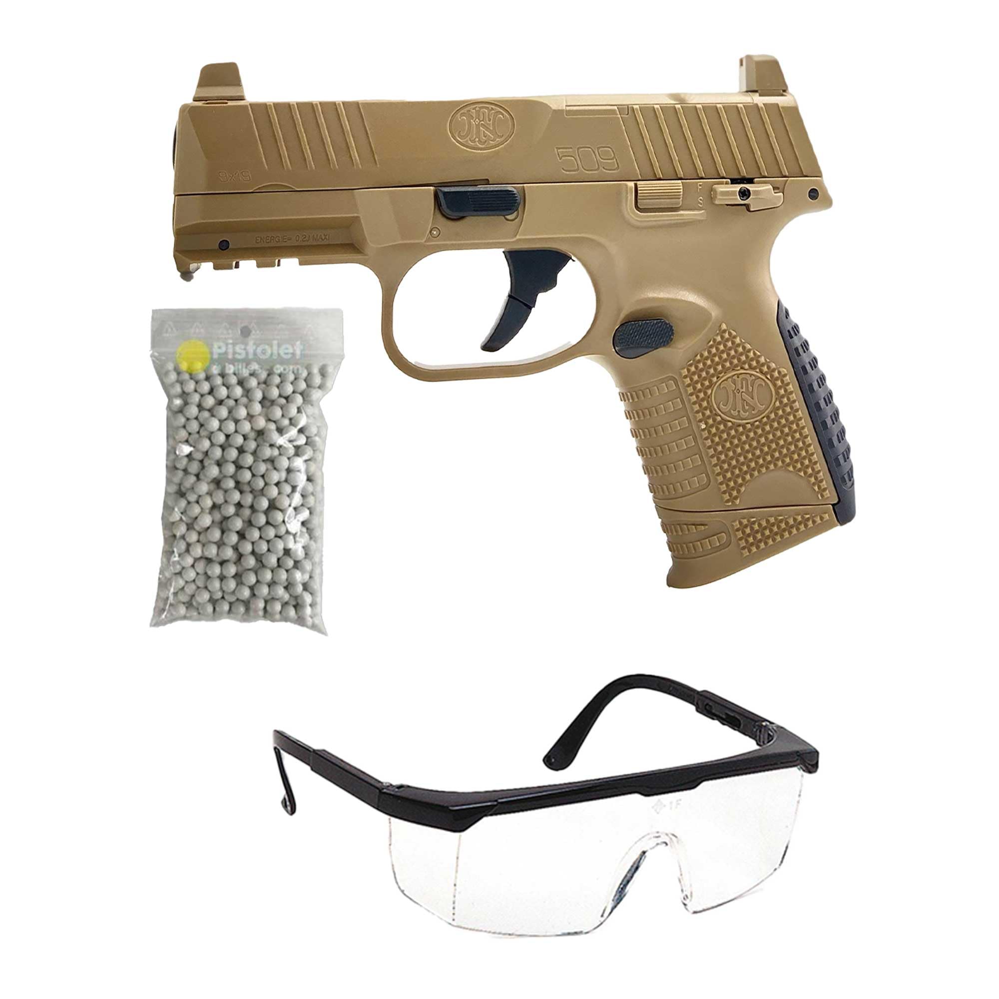 Confezione Pistola a Pallini Airsoft FN Herstal 509 Compact MRD FDE Spring/Materiale: plastica ABS/Potenza 0,2 Joule/Fornita con Accessori