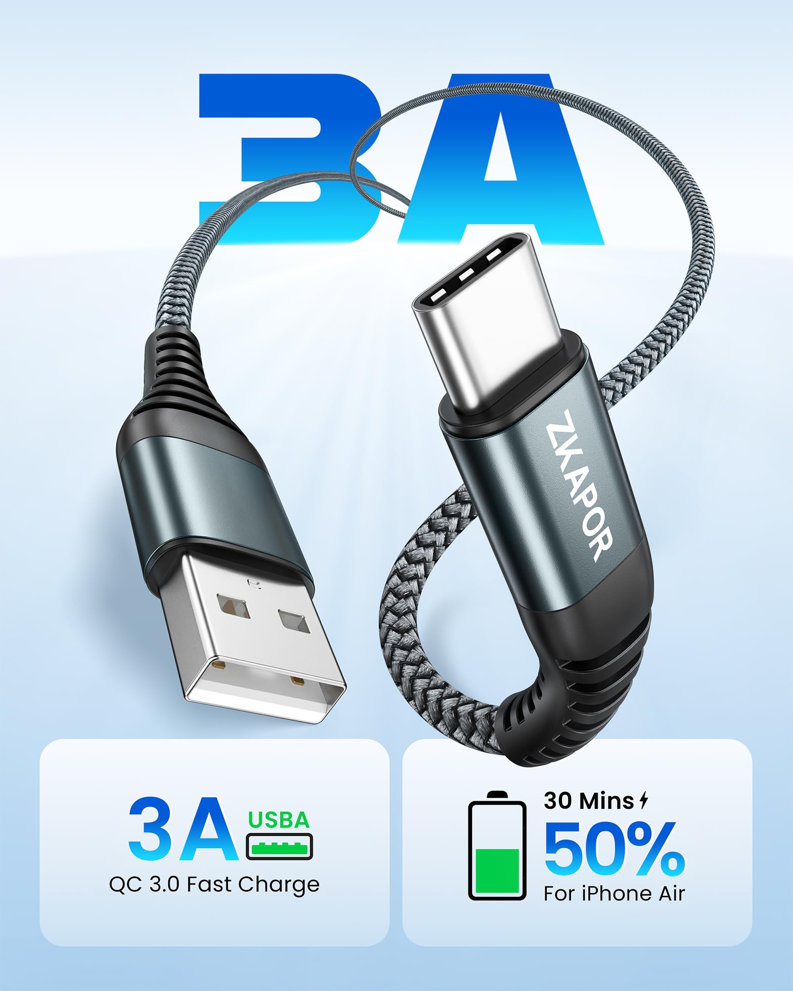 ZKAPOR Cavo USB Type-C [2Pezzi, 1M], Cavo USB C 3A Ricarica Rapida Nylon Intrecciato Compatibile per iPhone 15/15 Pro Max, Samsung Galaxy S23/S22/21, Note 10, Huawei P40/P30, Google Pixel -Grigio