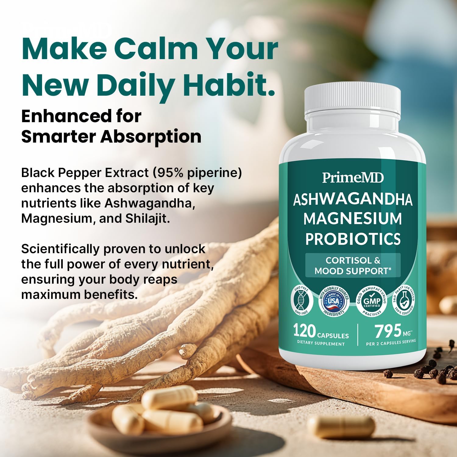 5-in-1 Cortisol Supplement for Women and Men with Ashwagandha for Calmness, Focus, and Adrenal Support Supplements with Shilajit Extract, Magnesium Glycinate, Probiotics (120 ct) (Pack of 2)