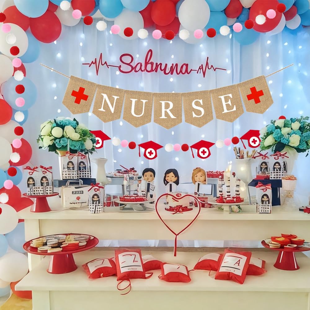 Nurse Banners, 4 Pcs Nursing Party Decorations Burlap Bunting Pennant and Felt Graduation Cap with Red Pink White Pom Pom Ball Garland Congrats Grad Decor for Thank You Nurses Lab Week College School