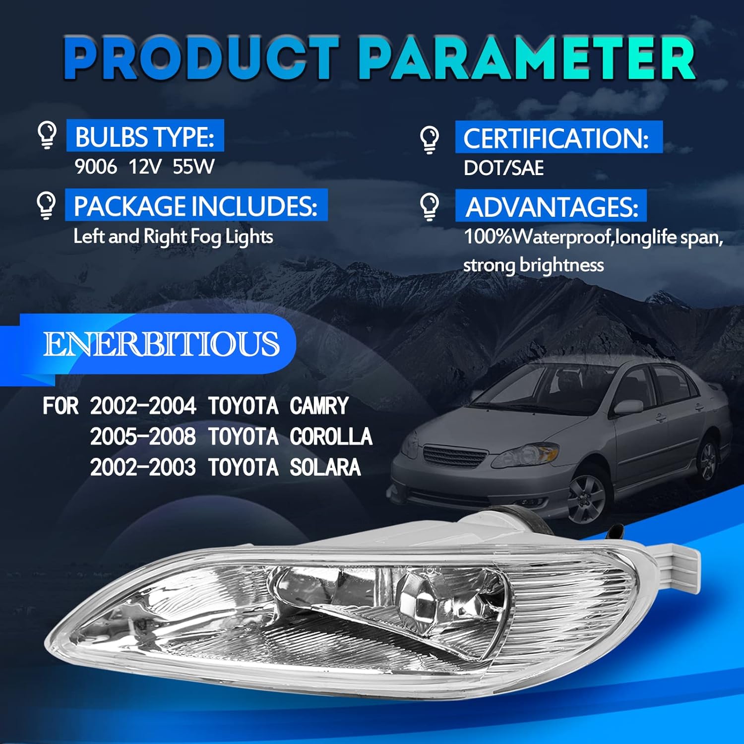 Fog Lights Lamps Replacement for 2002-2004 Toyota Camry, 2005-2008 Toyota Corolla, 2002-2003 Toyota Solara Fog Light Compatible with Halogen Bulbs Switch and Wiring Kit