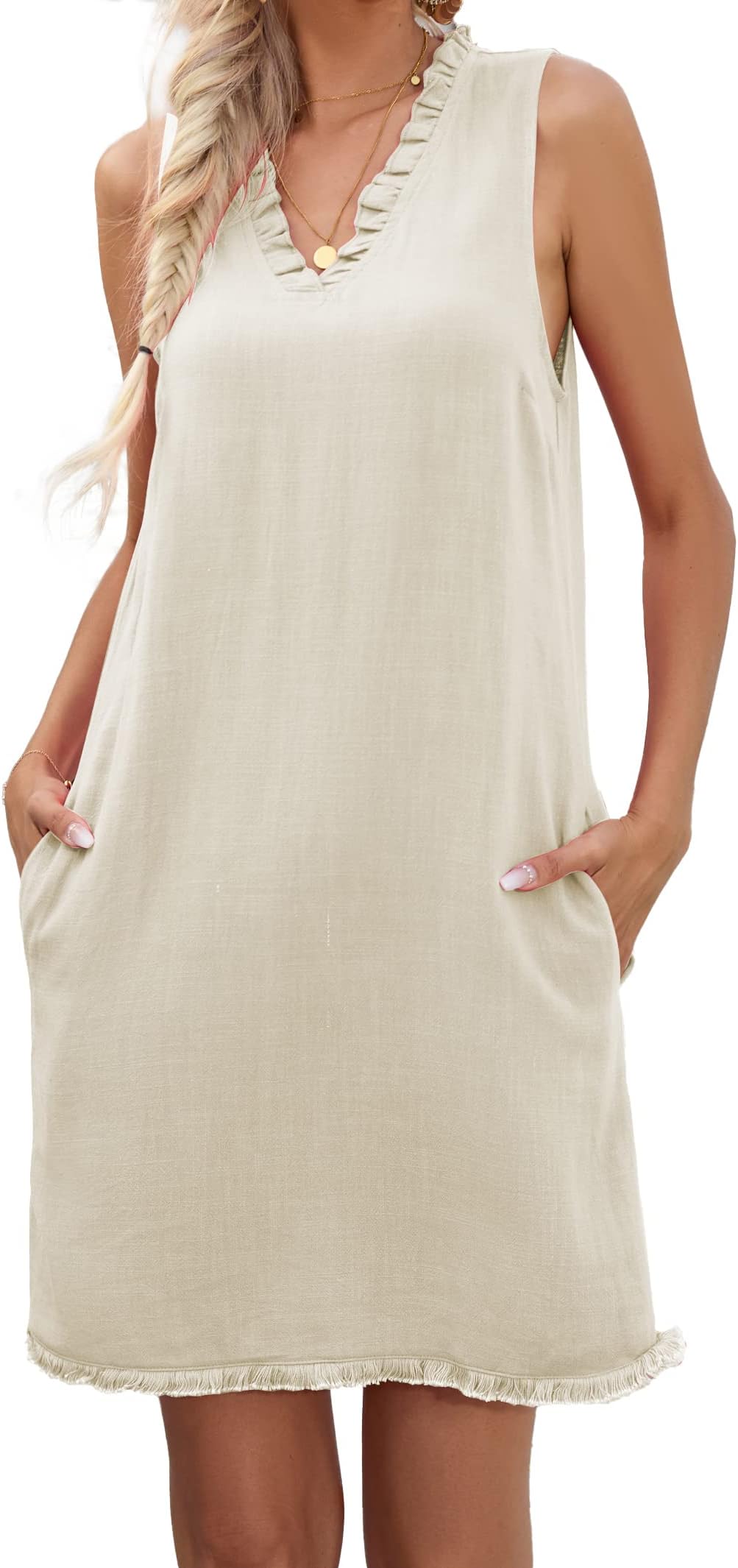 FamulilyWomens 2023 Summer Dresses Causal Sleeveless V Neck Mini Short Linen Dress with Pockets S-XXL