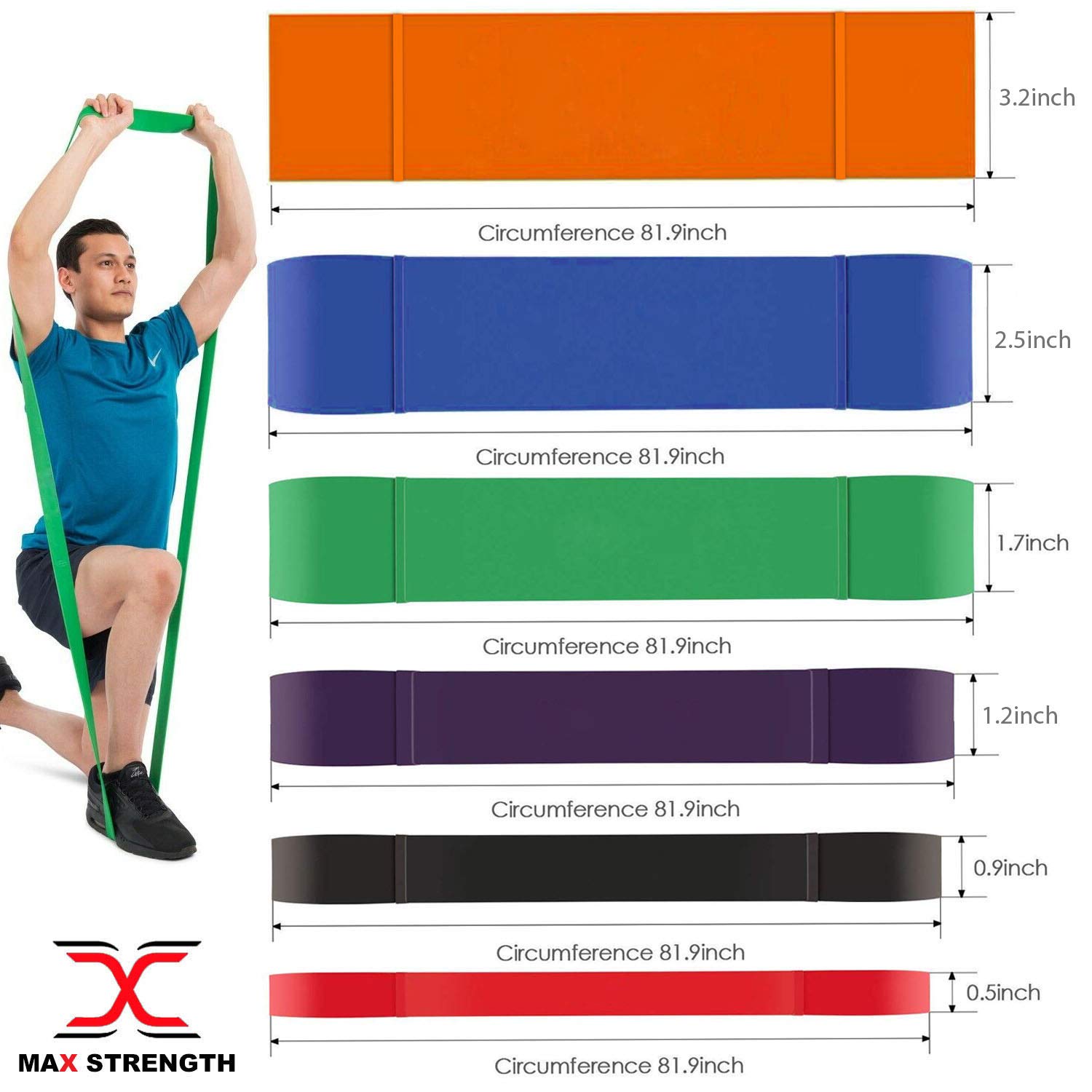 MAXSTRENGTH Taśma oporowa wspomagana do podciągania – taśmy treningowe do crossfitu – trójboju siłowego – joga – elastyczna mobilność dla kobiet i mężczyzn (kompletny zestaw (6 sztuk)