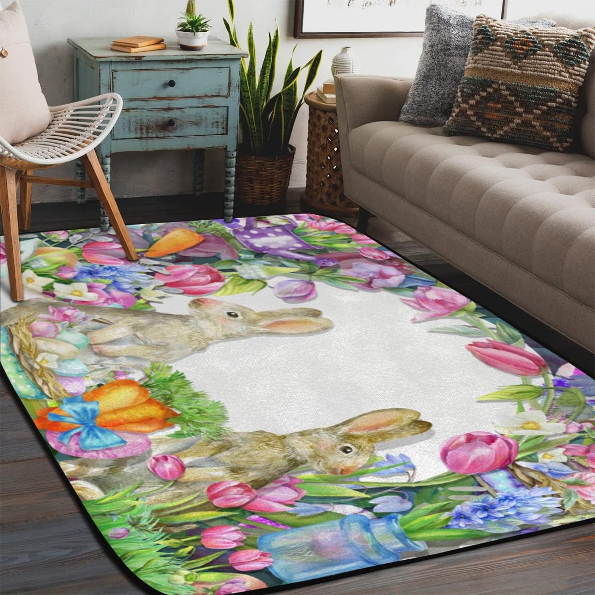 4 x 6 Cartoon Oil Painting Style Easter Bunny Super Soft Area Rug for Kids Baby Nursery, Kids Girls Nursery Rug Cute Home Decor Rug, Room Decor for Baby