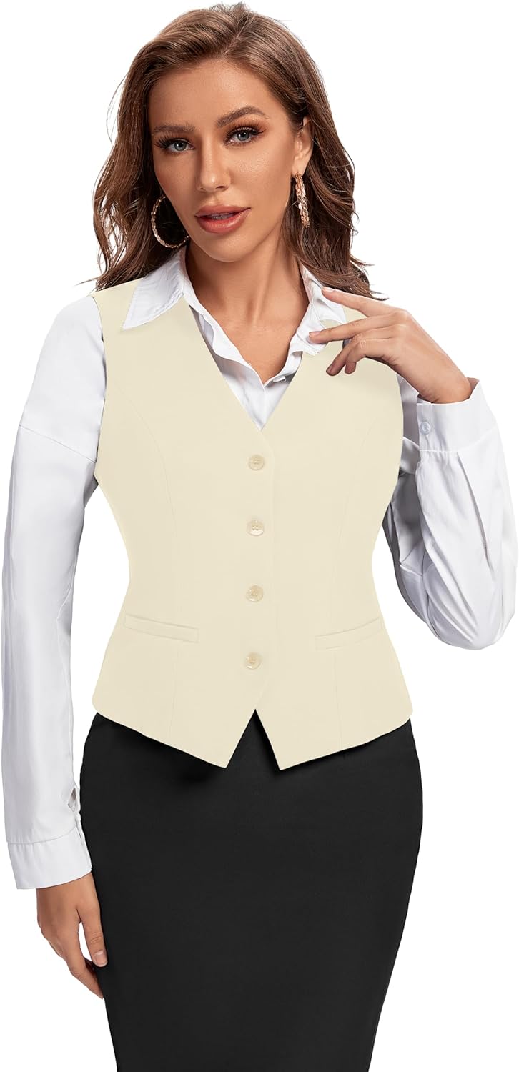 Foucome Women's Formal Regular Fitted Business Dress Suits Button Down Vest Waistcoat - Image 4