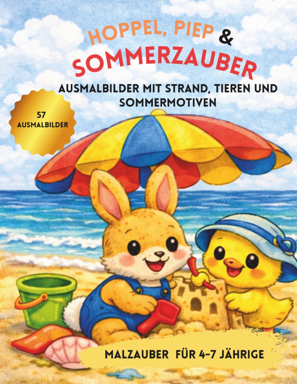 Hoppel, Piep & Sommerzauber: Sommerliches Malbuch mit niedlichen Tieren, Strandabenteuern und einfachen Ausmalbildern für Kinder von 4–7 Jahren