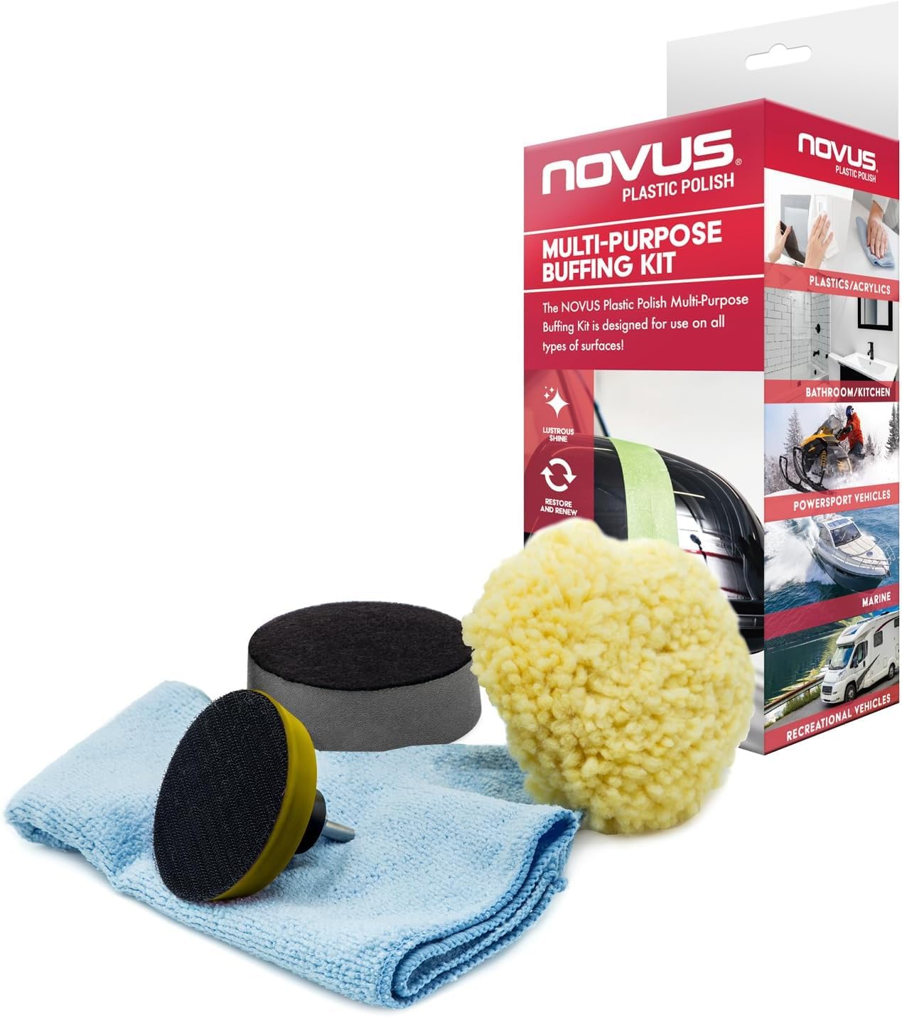 Novus 7232 | Multi-Purpose Buffing Kit | Contains 100% Wool Buffing Pad, Soft Foam Buffing Pad, Backing Pad for Drill, Microfiber Cloth