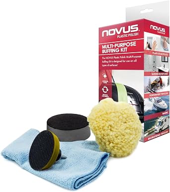 NOVUS 7232 | Multi-Purpose Buffing Kit | Contains 100% Wool Buffing Pad, Soft Foam Buffing Pad, Backing Pad for Drill, Microfiber Cloth