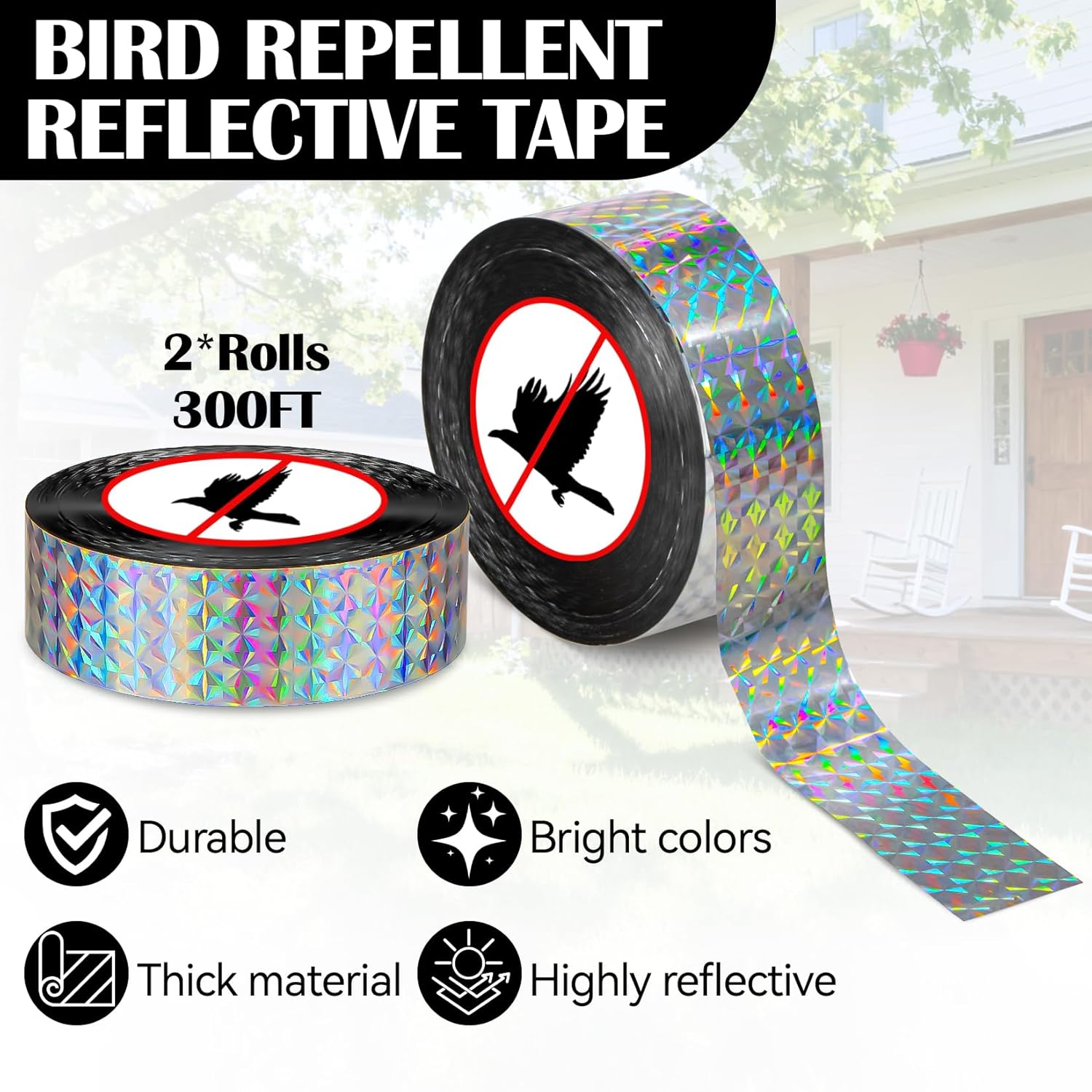 Reflective Bird Scare Tape – 2 Rolls 300FT Outdoor Reflective Ribbon, Double-Sided Shiny Tape for Garden, Yard, Orchard & Trees, Visual Bird Decoration - Image 2