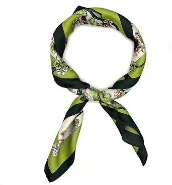 27 Inch Square Silk Feeling Neck Head Hair Scarf | Neckerchief, Satin Silk Scarf for Hair Wrapping, Stylish Floral Green Design