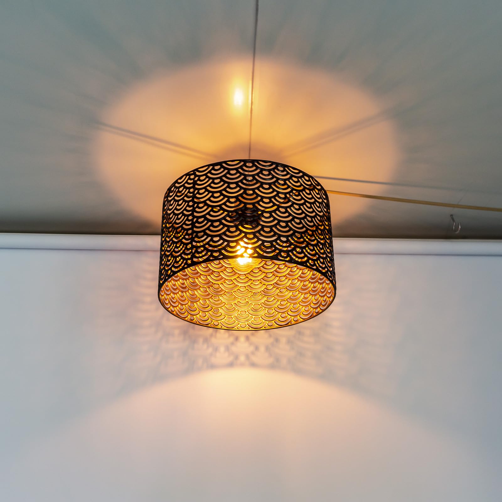 Paralume vintage in metallo, nero oro, intagliato/Rotondo, a tamburo, per lampada da terra, lampada a sospensione, lampada da tavolo, lampada da soffitto