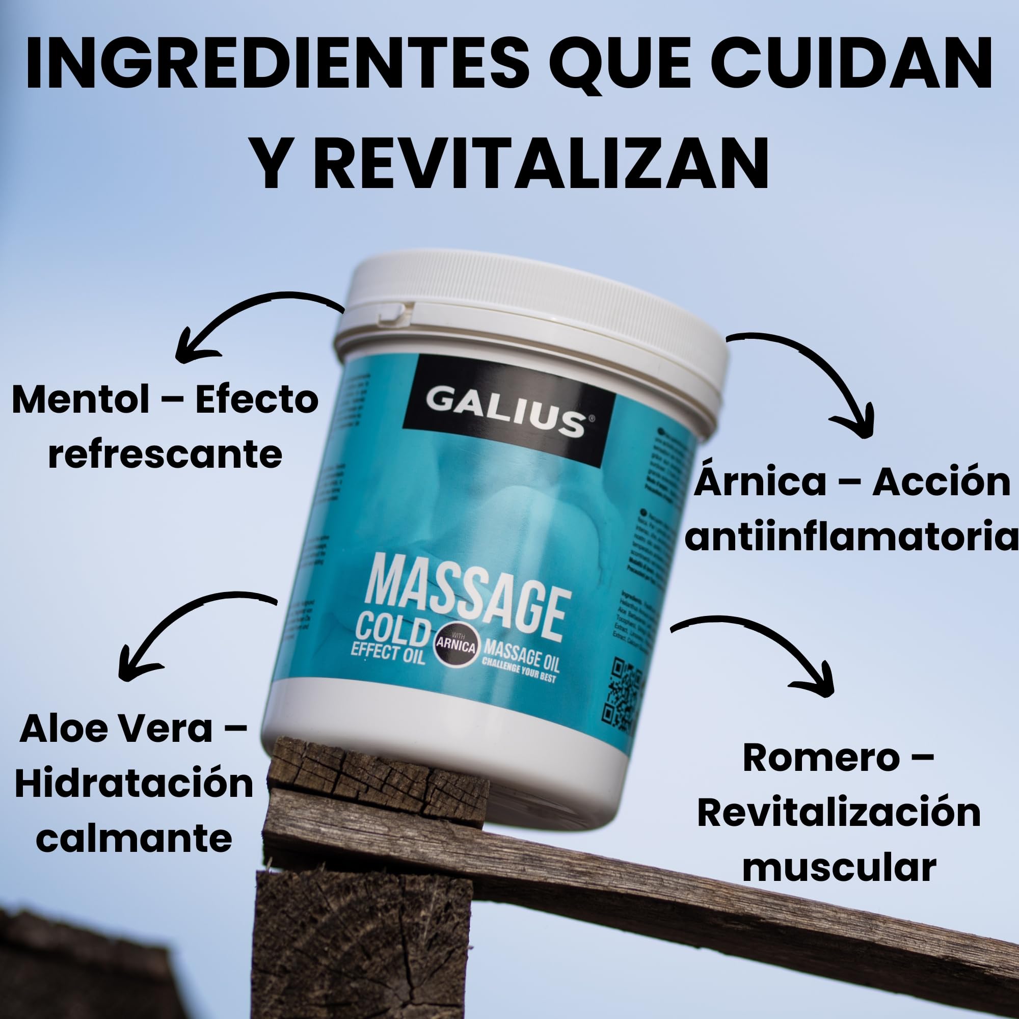 Galius - Aceite Esencial Sólido Efecto Frío - Aceites Esenciales para Profesionales del Masaje y Deportistas - Aceite Corporal con Arnica - Alivio Estrés y Tensión Muscular - Aroma Refrescante 1000ml