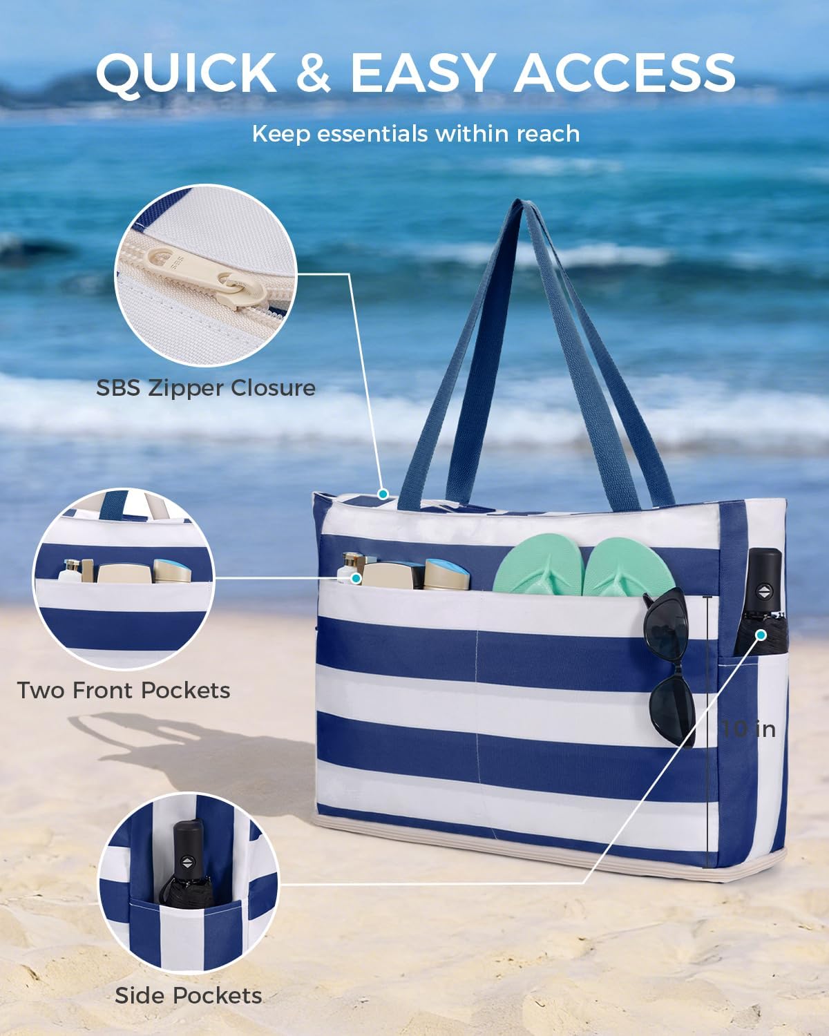 WANDF Beach Bags for Women, Large Waterproof Sandproof Beach Tote Bag with Zipper Family Pool Bags with 40oz Tumbler Pocket, Swim Cruise Vacation Essentials (Navy Blue) | 40oz Tumbler Pocket