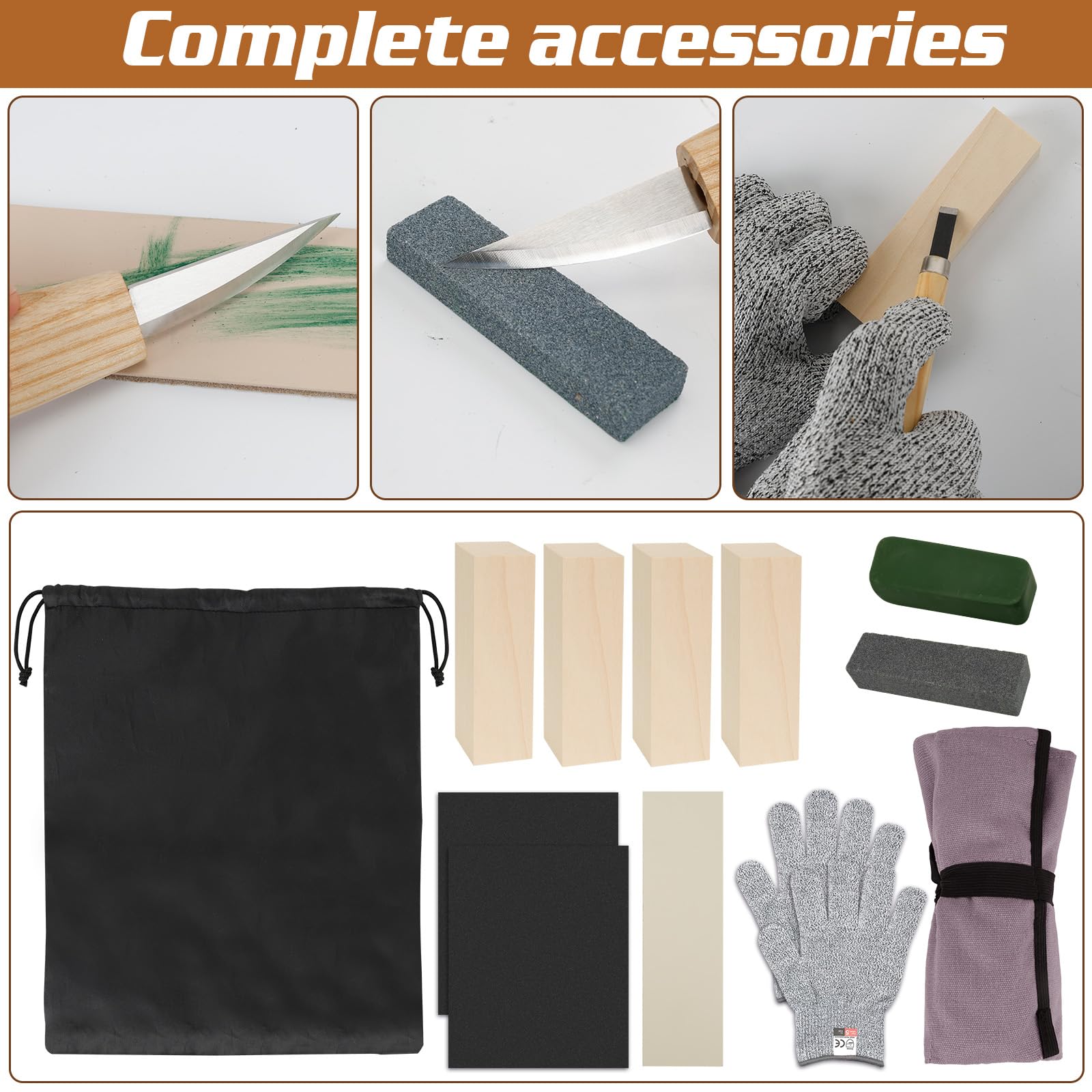 Dadabig 27 Piezas Juego de Herramientas de Tallado, 15 Cuchillos de Tallado en Madera, Herramientas para Tallar, con Guantes y Piedras de Afilar, Cuchillos para Tallar Madera con Mangos de Madera