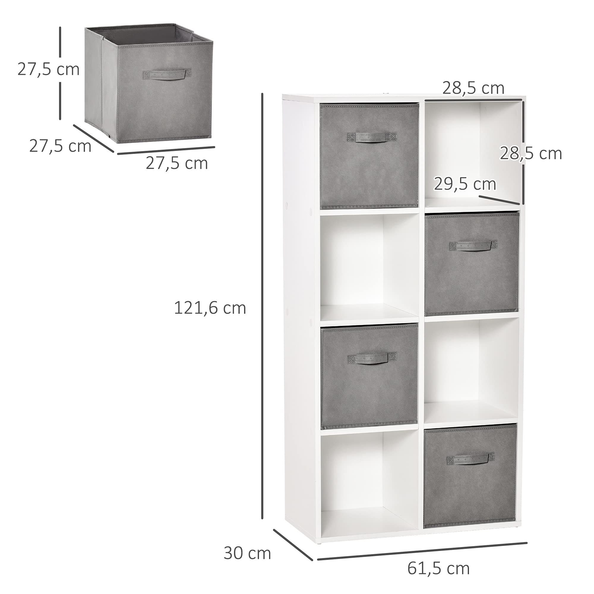 HOMCOM Estantería para Libros 8 Cubos, 61,5x30x121,6 cm Blanco y Gris | Librería Modular, 2 Cajones Extraíbles Tela no Tejida, Oficina Estudio Dormitorio