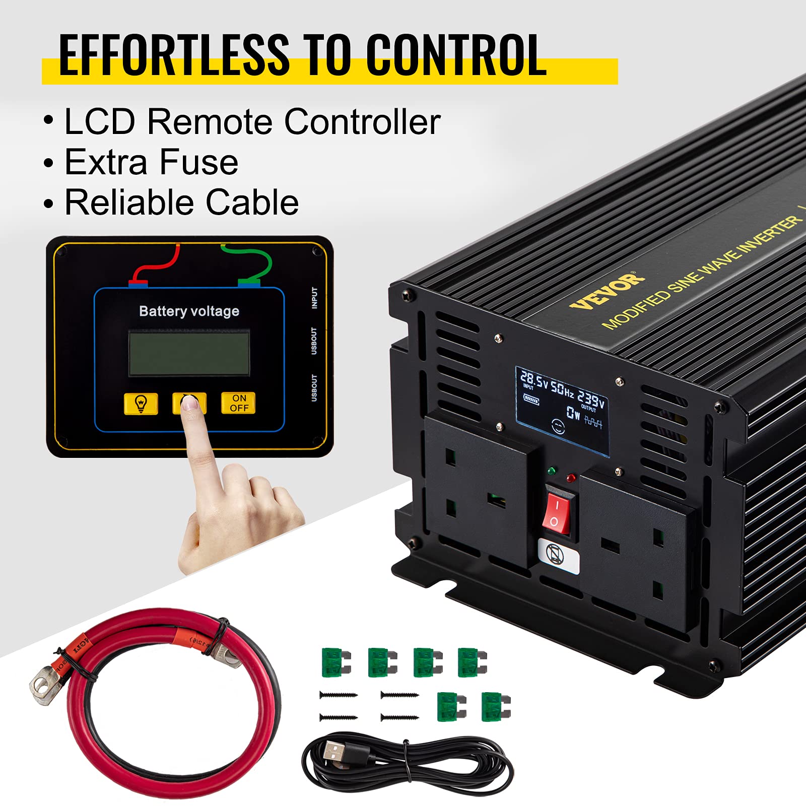VEVOR 3000 W Reiner Sinus Wechselrichter Sinus Spannungswandler, DC 24 V AC 240 V Dauerleistung Inverter Stromumwandler, 330 x 167 x 120 mm, LCD-Fernbedienung, 0,15 A, LED-Anzeigen, 2 Batteriekabel