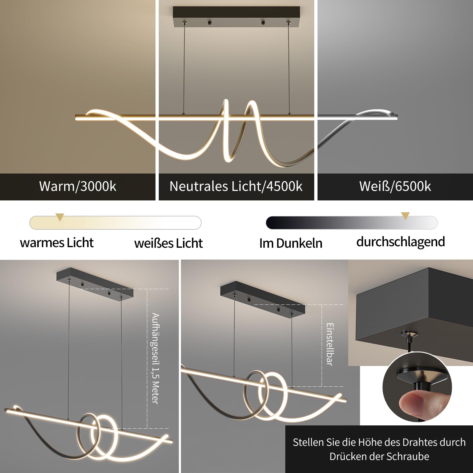 Mikeru Moderna Lampada a Sospensione a LED, 120cm Nero Dimmerabile con Telecomando E Funzione Memoria e 3 Luci a Colori (3000k/4500k/6000k) Lampadario 5000LM per Cucina e Interni