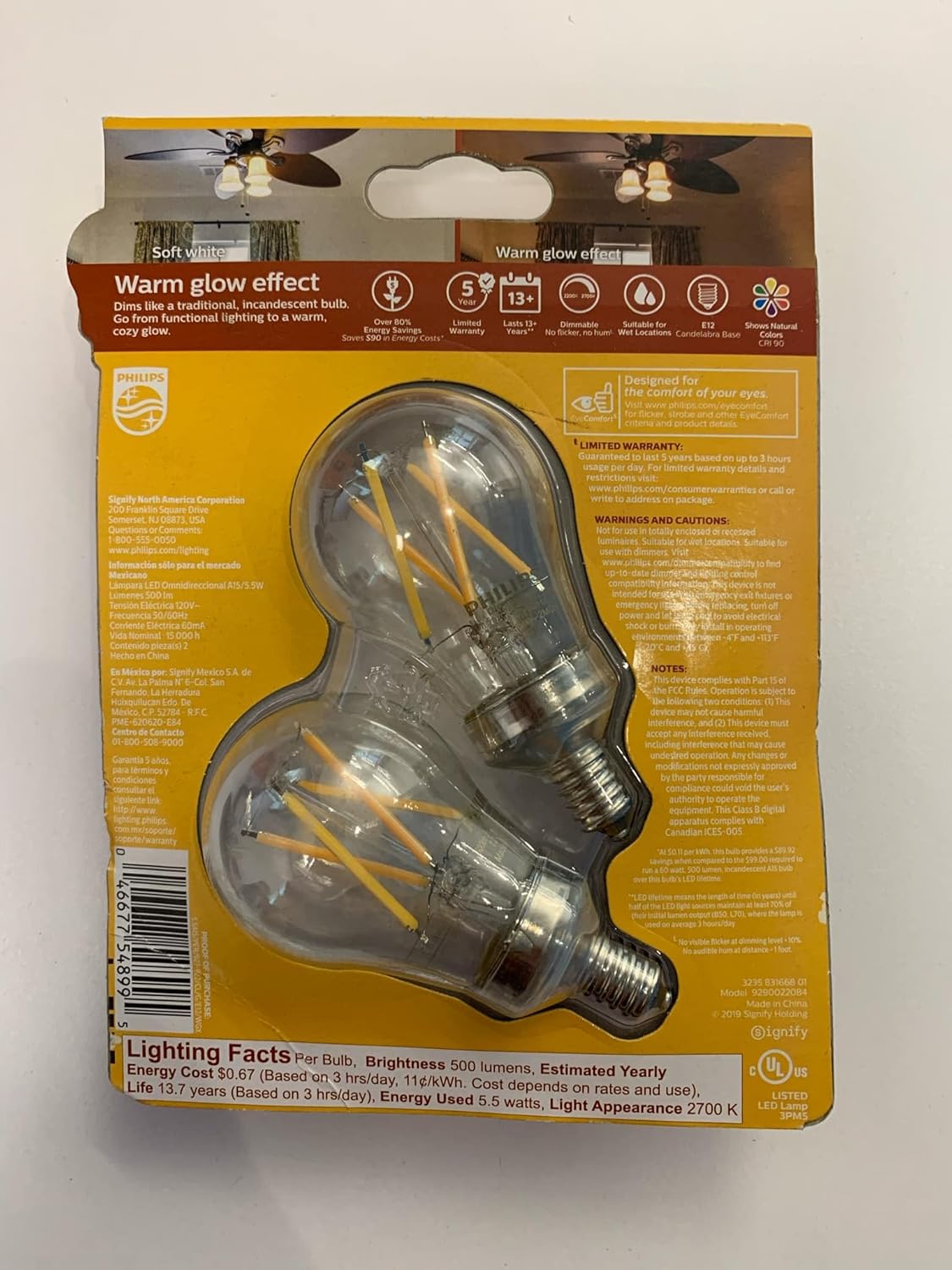 Philips LED Clear Dimmable, Warm Glow Effect A15 Light Bulb - Pack of 2 - EyeComfort Flicker Free - 5.5W=60W - 500 Lumen - Soft White (2700K) - E12 Base - Indoor