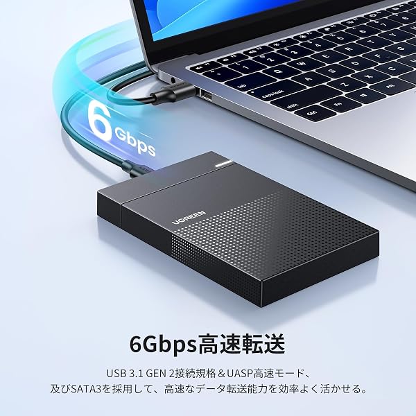 UGREEN 2.5インチ HDD ケース HDD/SSD ケース 【USB 3.1 Gen 2規格】 SATA 3.0 Type-C接続 UASP対応 6Gbps高速転送速度 10TB大容量 9.5mm/7mm HDD/SSD対応 2.5インチ ハードディスクケース 工具不要 Mac OS/Windows/Linux等に対応 【USB C-USB A ケーブル付き】 - 2