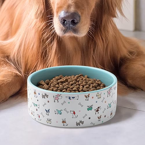 Miniatura 6 de Fun Elements - Cuencos de cerámica para perros, grandes, 64 onzas líquidas, resistentes, adorables patrones de perro (L, azul)
