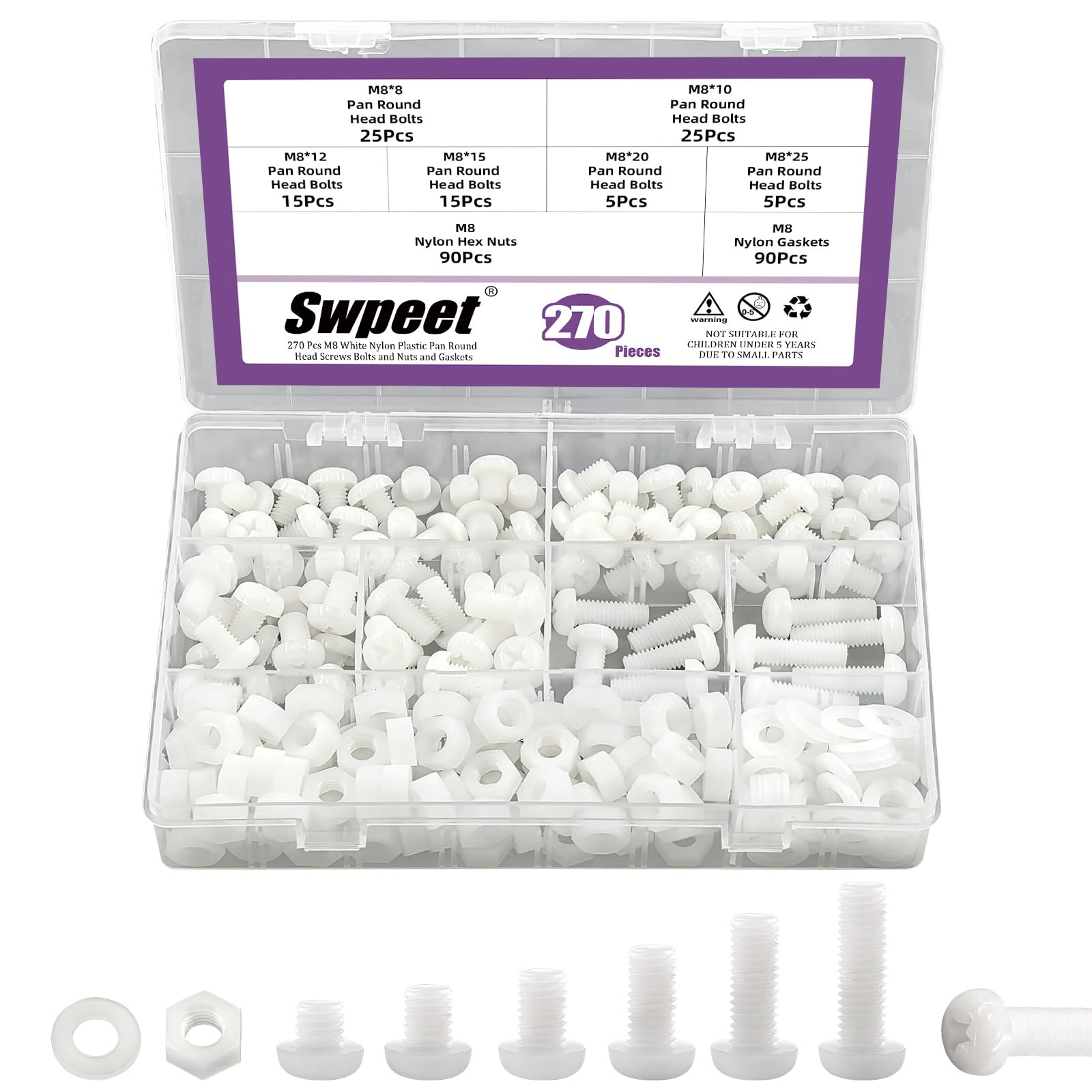 Swpeet 170Pcs 6 Sizes M8 White Nylon Pan Round Head Screws with Hex Nuts and Gaskets Assortment Kit