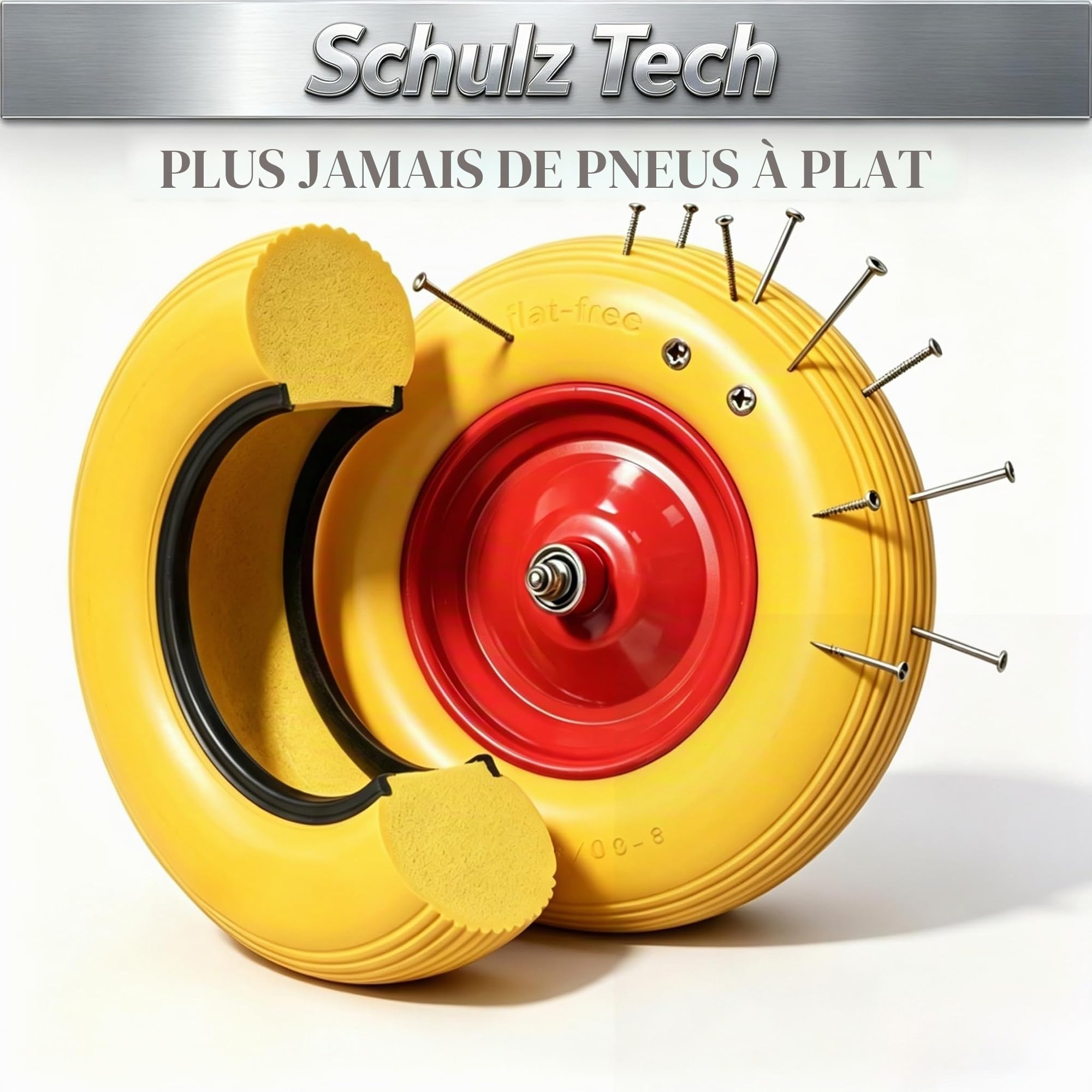 Roue de brouette en caoutchouc PU avec essieu, charge maximale 200 kg, 4.80/4.00-8, roue en caoutchouc anti-crevaison, pneu avec jante en acier, diamètre 390 mm, jaune/rouge