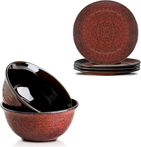 Hasense Juego de vajilla de cerámica de 6 piezas, juego de platos llanos de 10 pulgadas para 4, platos y cuencos de 84 onzas, apto para microondas y