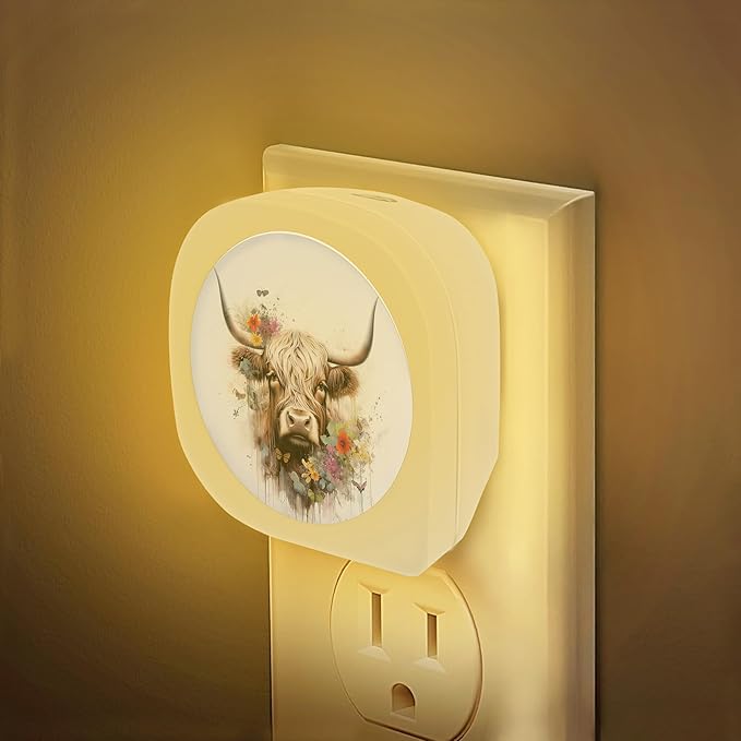 HUSITI Highland Cow Flower Night Light, Watercolor Highland Cow Flowers Dusk to Dawn Round Lamp Auto Sensor for Bathroom Hallway Living Room
