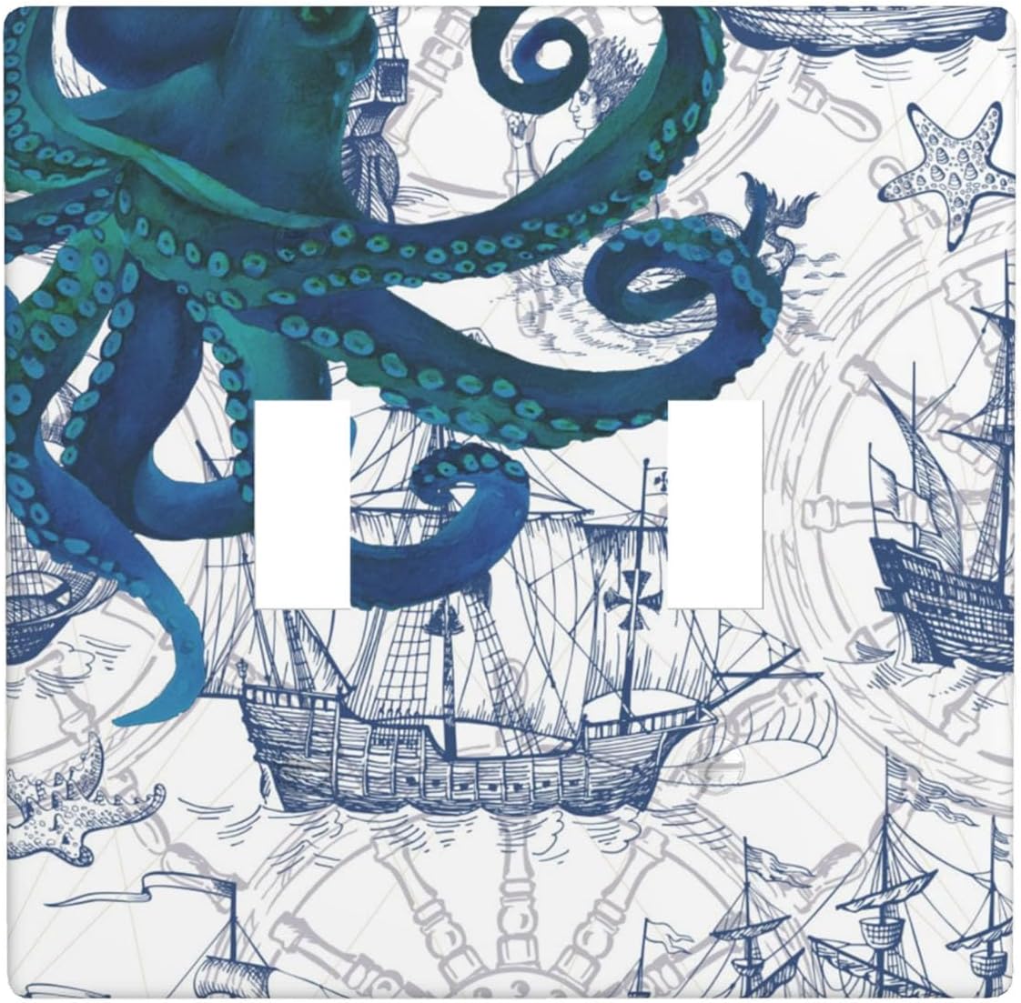 Vintage Octopus 2 Gang Wall Plate Sea Monster Nautical Coastal Double Toggle Light Switch Cover Electrical Switchplate Decorative Faceplate Standard Size Home Decor