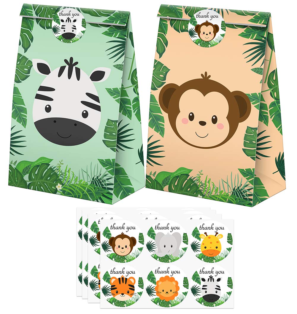 Bolsas de regalo de safari, 24 bolsas de dulces con calcomanías para fiestas de la selva, bolsas de regalo de golosinas de la selva, suministros de fiesta de cumpleaños con temática de safari