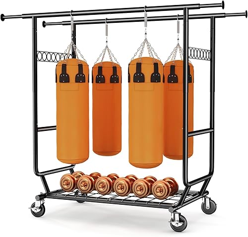 Vista 25 de HOKEEPER Perchero de ropa resistente con carga de 650 libras, perchero plegable con ruedas, doble barra para colgar ropa, estante portátil comercial