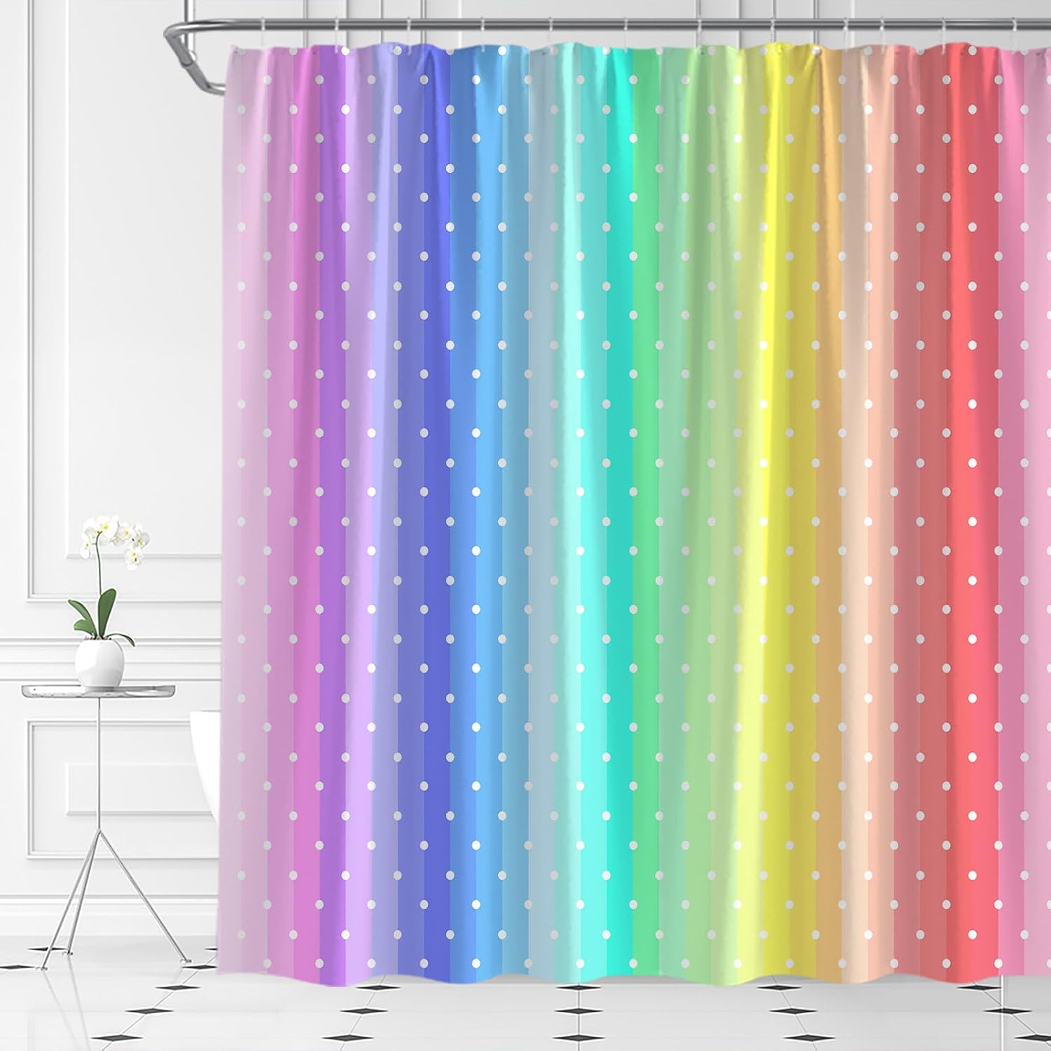 Colorful Polka Dots Shower Curtain Rainbow Kids Grils Multicolor Ombre Fashion Cute Stripe Bathroom Curtain Set with Hooks(91" Wx70 H)