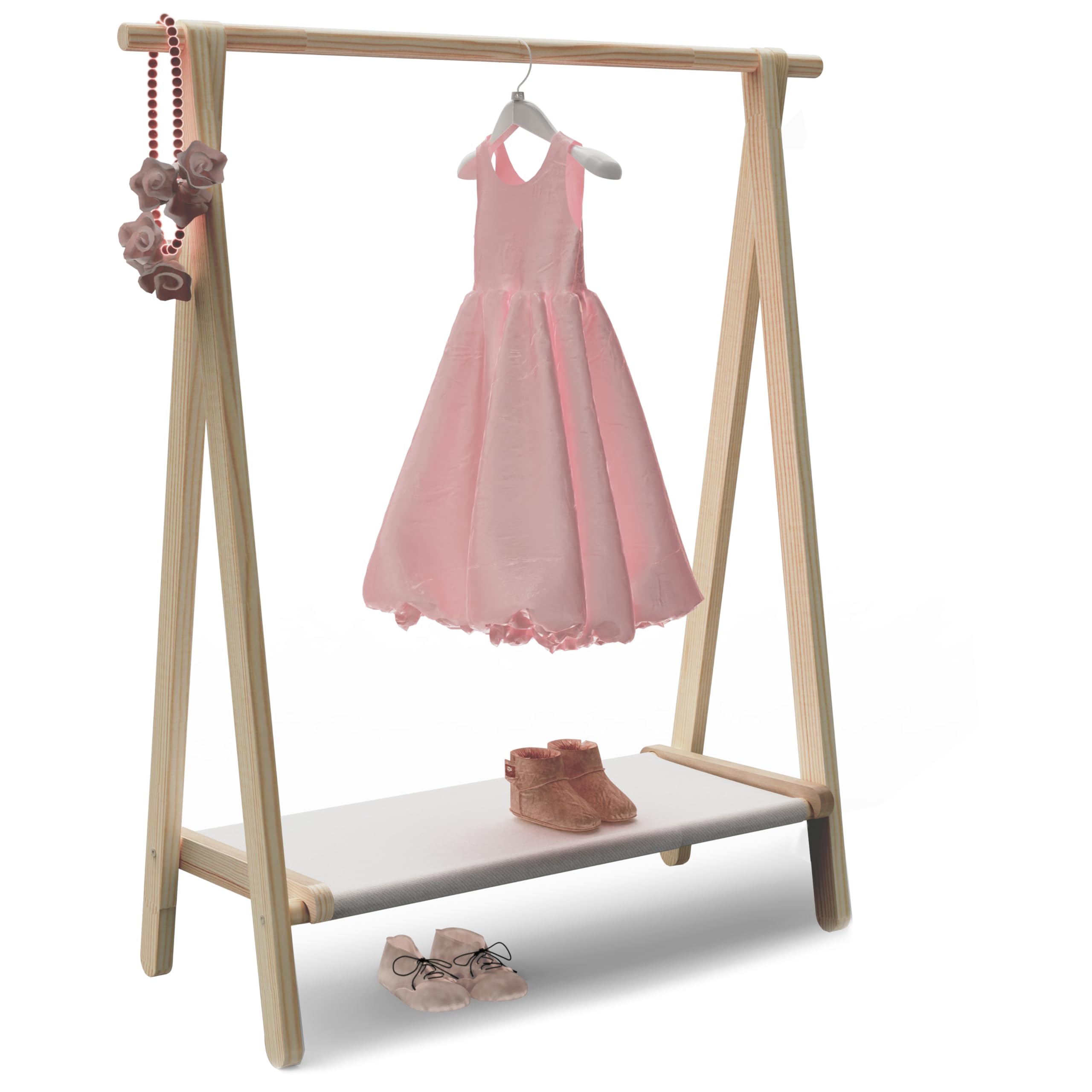 VOGUSLAND Dress up Rack, Child Garment Rack, Kids Clothing Rack with Storage Shelf (Natural Pine, 38" L x 14.5" W x 43.7" H)