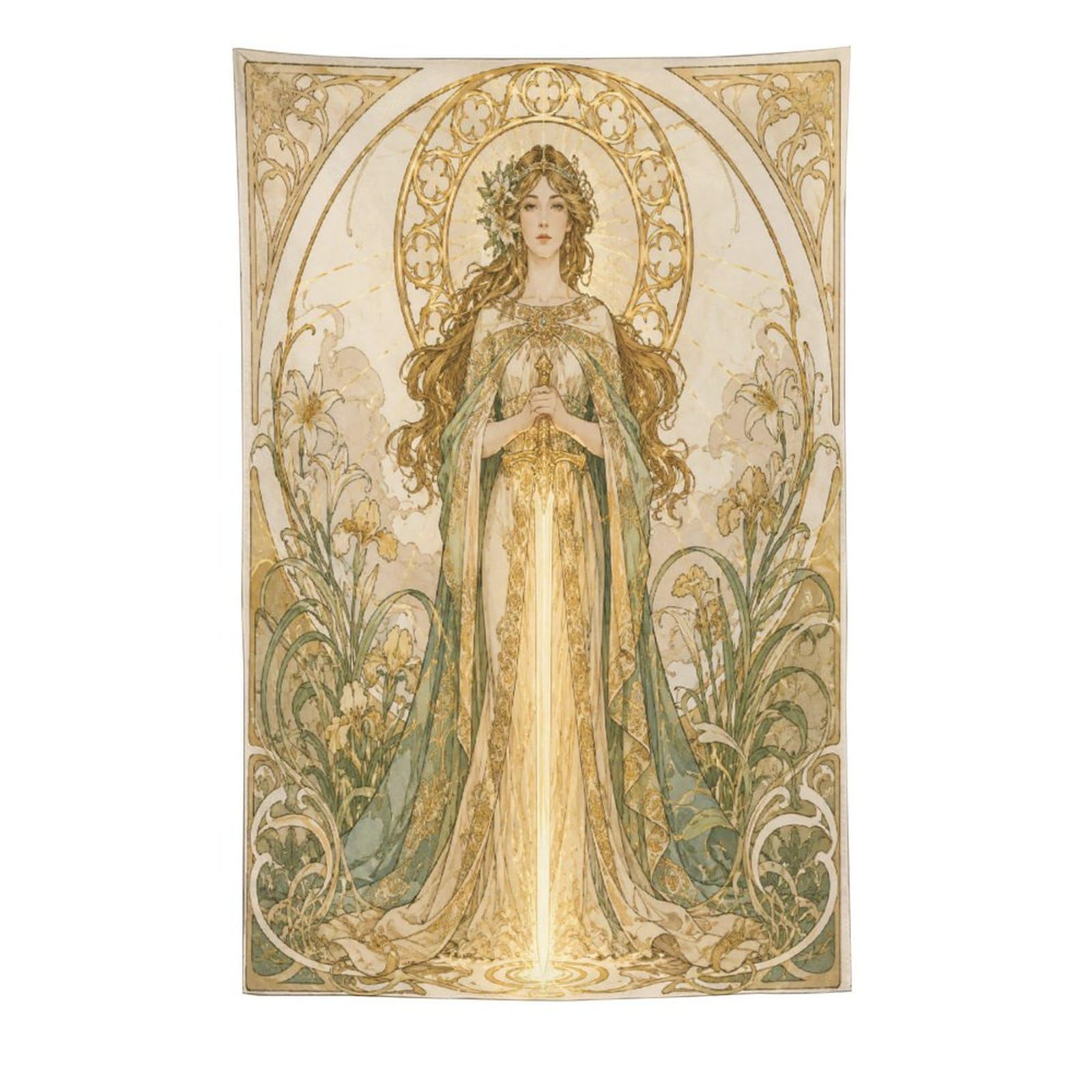 H3B8U2Y5 Golden Goddess Glowing Sword Wall Tapestry, Art Nouveau, Entryway