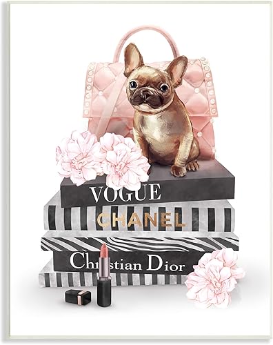 Stupell Industries Glam Bookstack - Bolso acolchado para pared, diseño de Bulldog francés, 10 x 15, multicolor