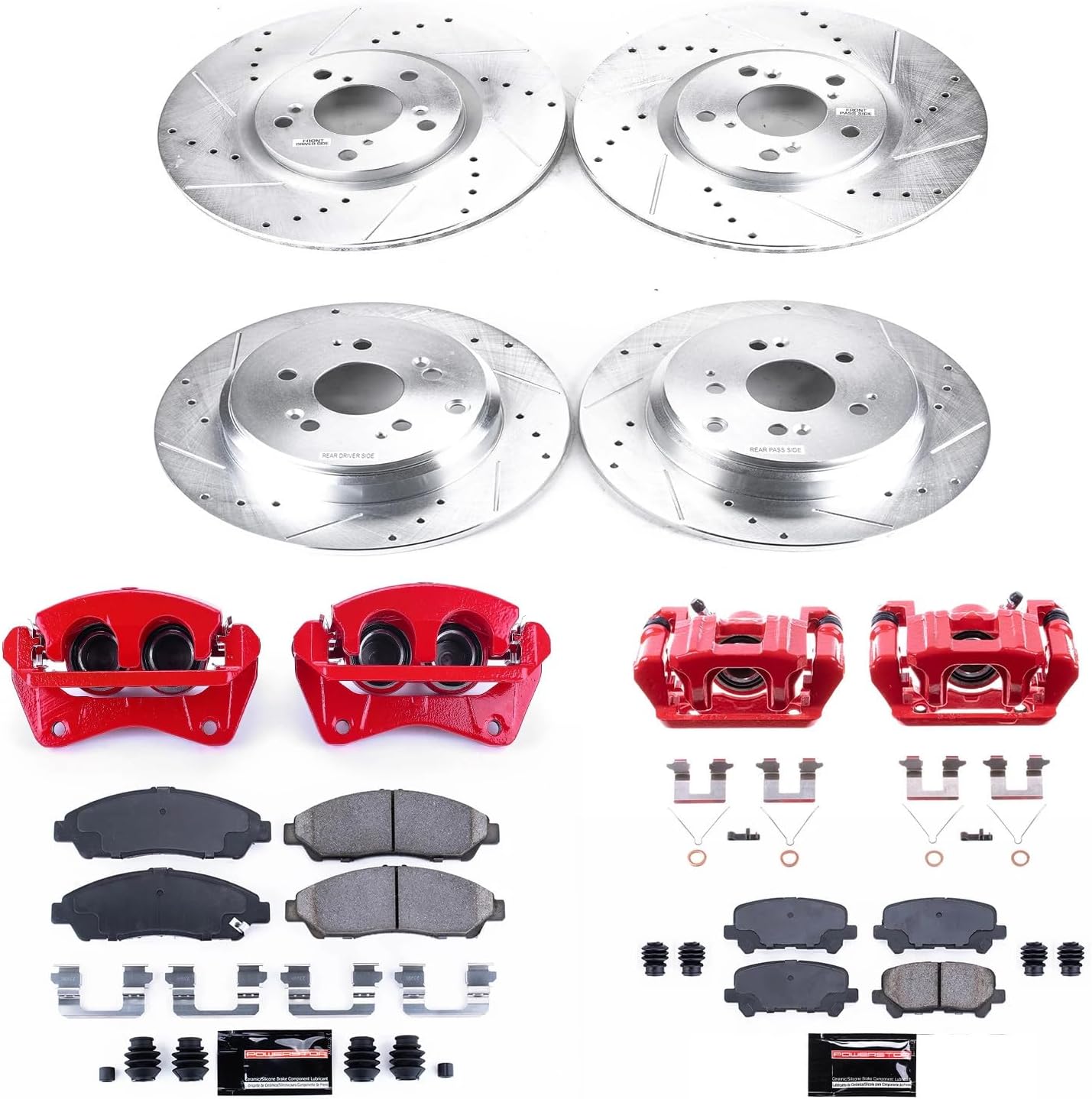 PowerStop Front and Rear Brake & Caliper Kit for Honda Pilot 2009-11 - Carbon-Fiber Ceramic Brake Pads + Drilled & Slotted Rotors + Red Powder Coated Calipers, KC5369A